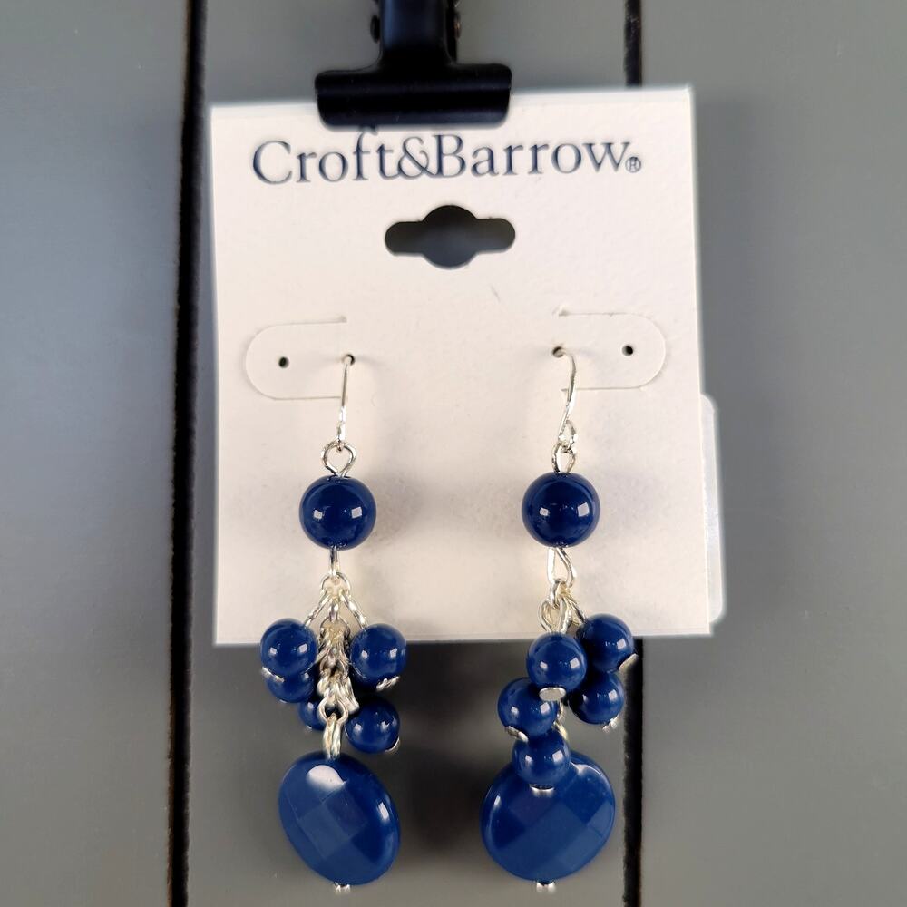 Croft & Barrow Navy Blue Bead Dangle Pierced Earrings 2.08in, Free Gift Bag